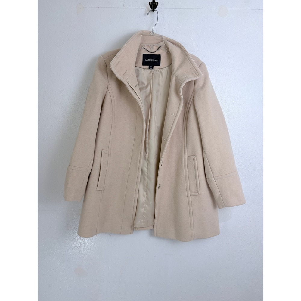 Lands End 16P Beige Wool Blend Car Coat Hidden Button Stand Collar Minimalist